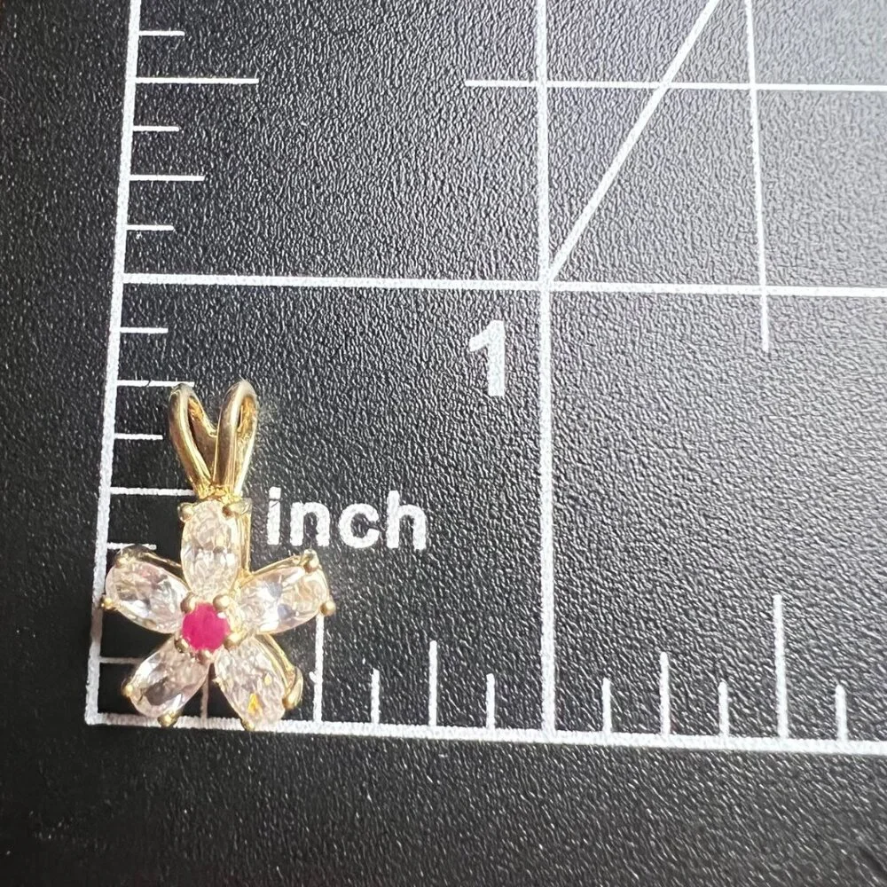 Gold Flower Pendant Necklace Clear CZ Petals Faux Ruby 17" Chain Marked JC & CCI - Picture 6 of 10